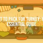 Travel essentials for Turkey, suitcase with clothes, shoes, and electronics, backdrop of Istanbul skyline and Cappadocia landscape, vibrant and inviting, illustrative style.