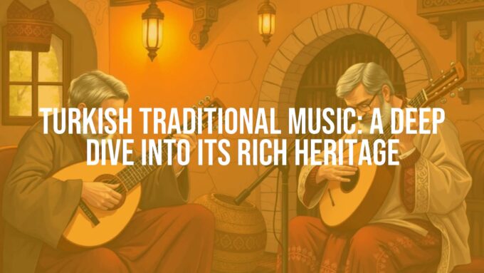 Traditional Turkish musicians performing with oud and ney, Anatolian setting, warm lighting, cultural heritage vibe, illustrative style.