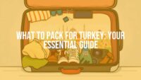 Travel essentials for Turkey, suitcase with clothes, shoes, and electronics, backdrop of Istanbul skyline and Cappadocia landscape, vibrant and inviting, illustrative style.