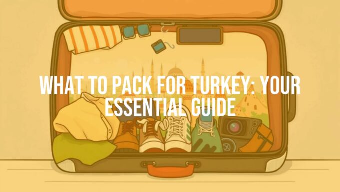 Travel essentials for Turkey, suitcase with clothes, shoes, and electronics, backdrop of Istanbul skyline and Cappadocia landscape, vibrant and inviting, illustrative style.